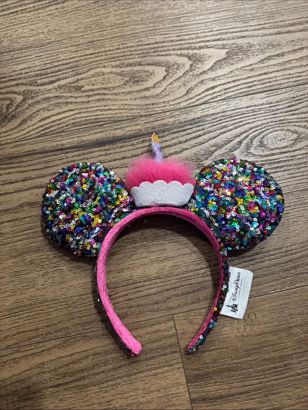 Disney Multicolor Sequin Birthday Minnie Ears Headband with Pink Cupcake Accent